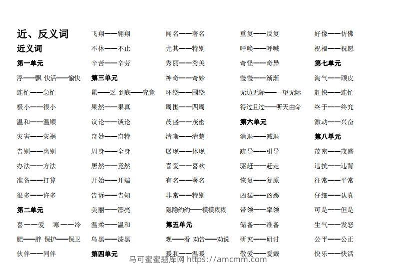 二（上）语文期末：近反义词汇总-马可蜜蜜题库网