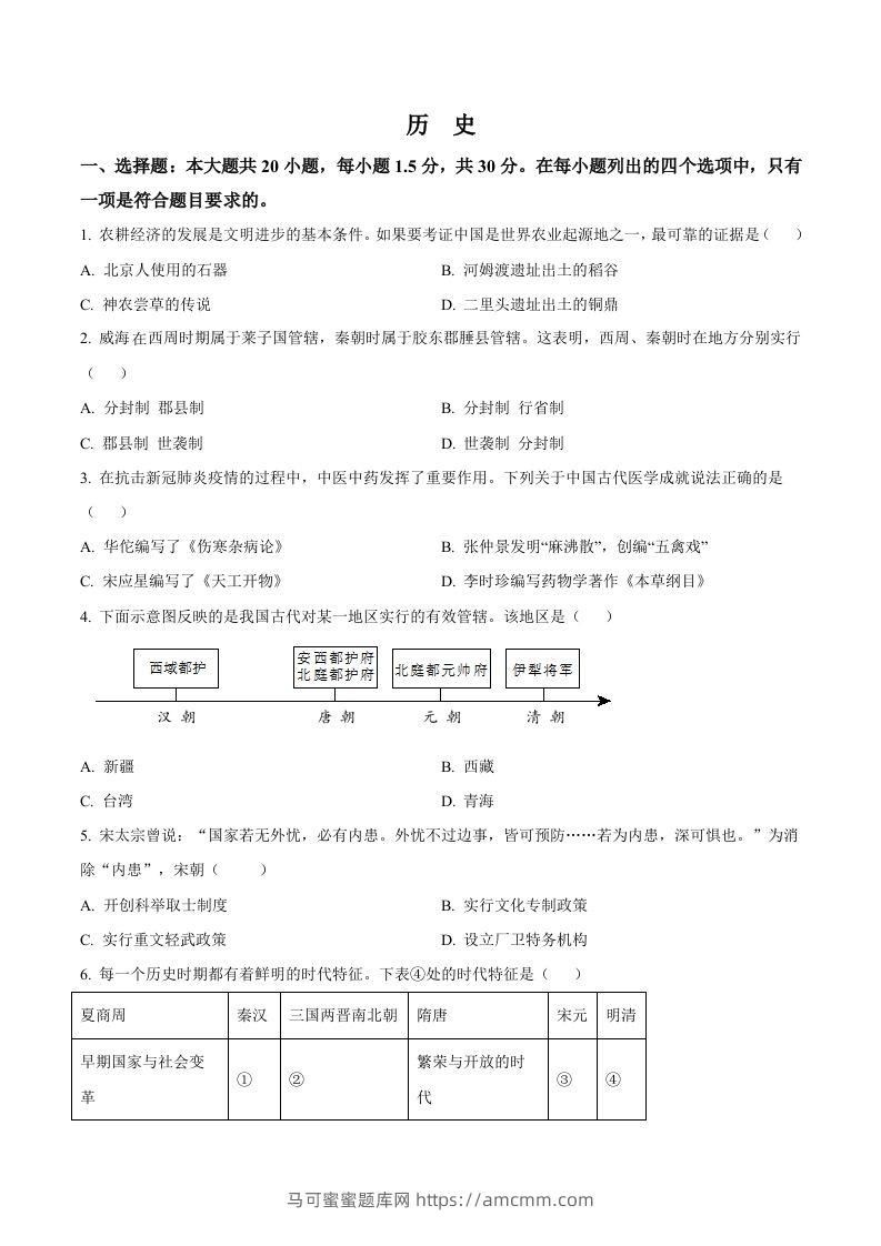 2022年山东省威海市中考历史真题（空白卷）-马可蜜蜜题库网