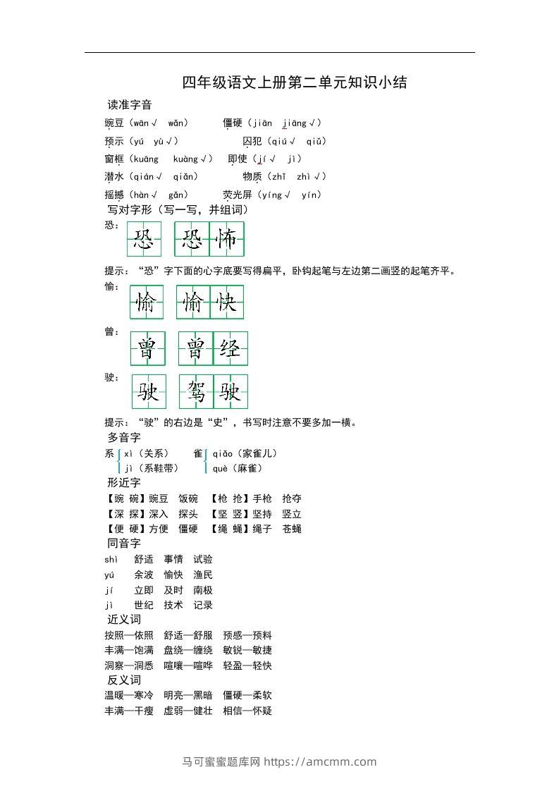 四（上）语文第二单元知识重点-马可蜜蜜题库网