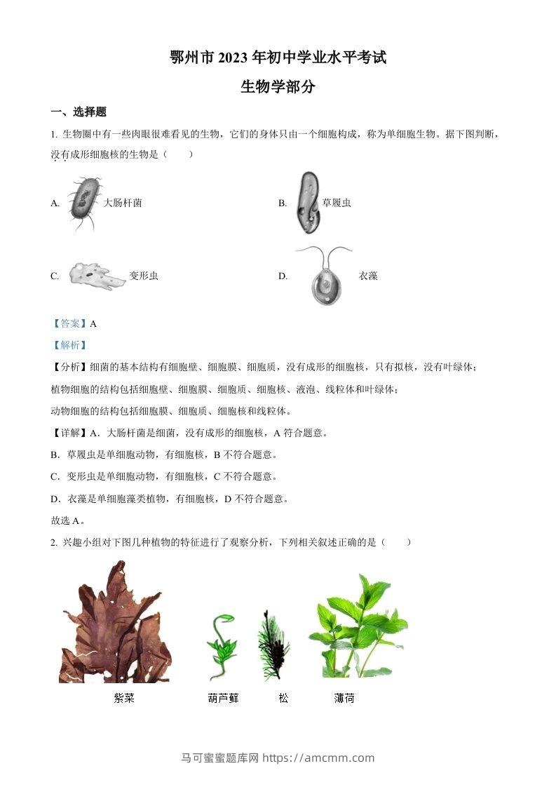 2023年湖北省鄂州市中考生物真题（含答案）-马可蜜蜜题库网