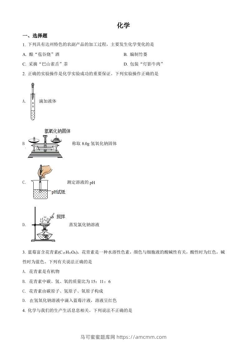 2022年四川省达州市中考化学真题（空白卷）-马可蜜蜜题库网