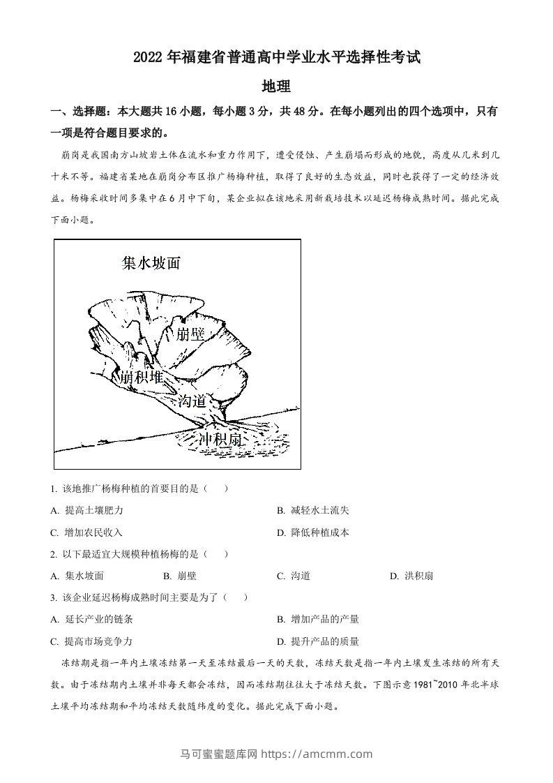 2022年高考地理试卷（福建）（空白卷）-马可蜜蜜题库网