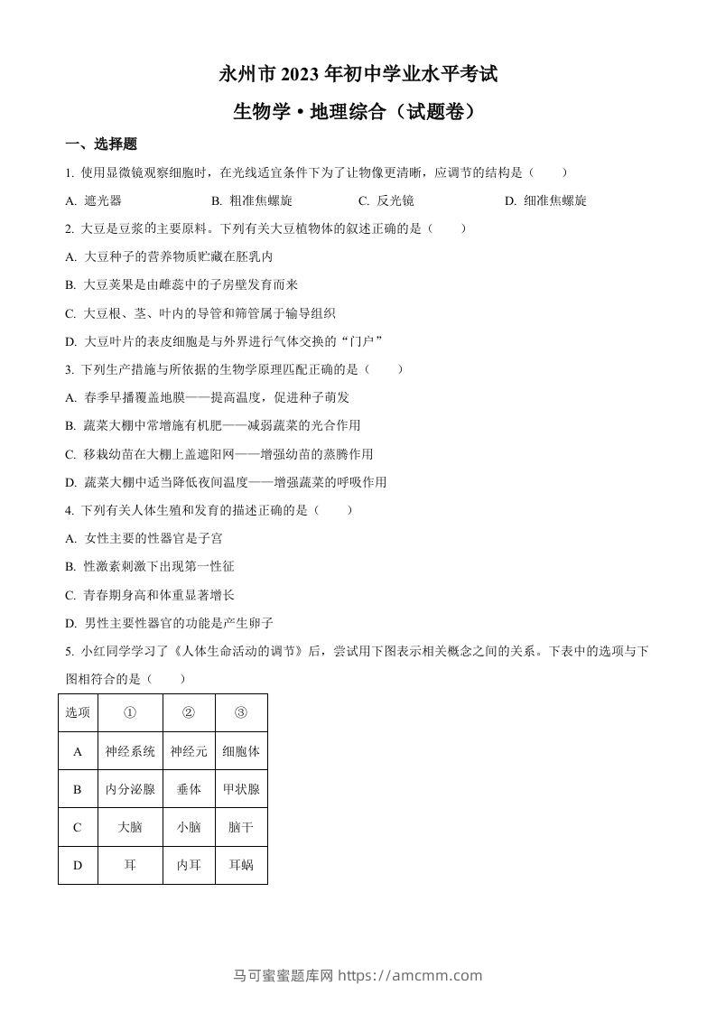 2023年湖南省永州市中考生物真题（空白卷）-马可蜜蜜题库网