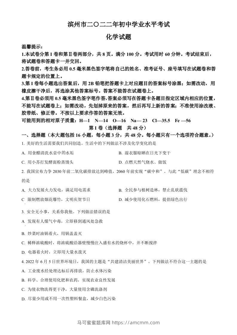 2022年山东省滨州市中考化学真题（空白卷）-马可蜜蜜题库网