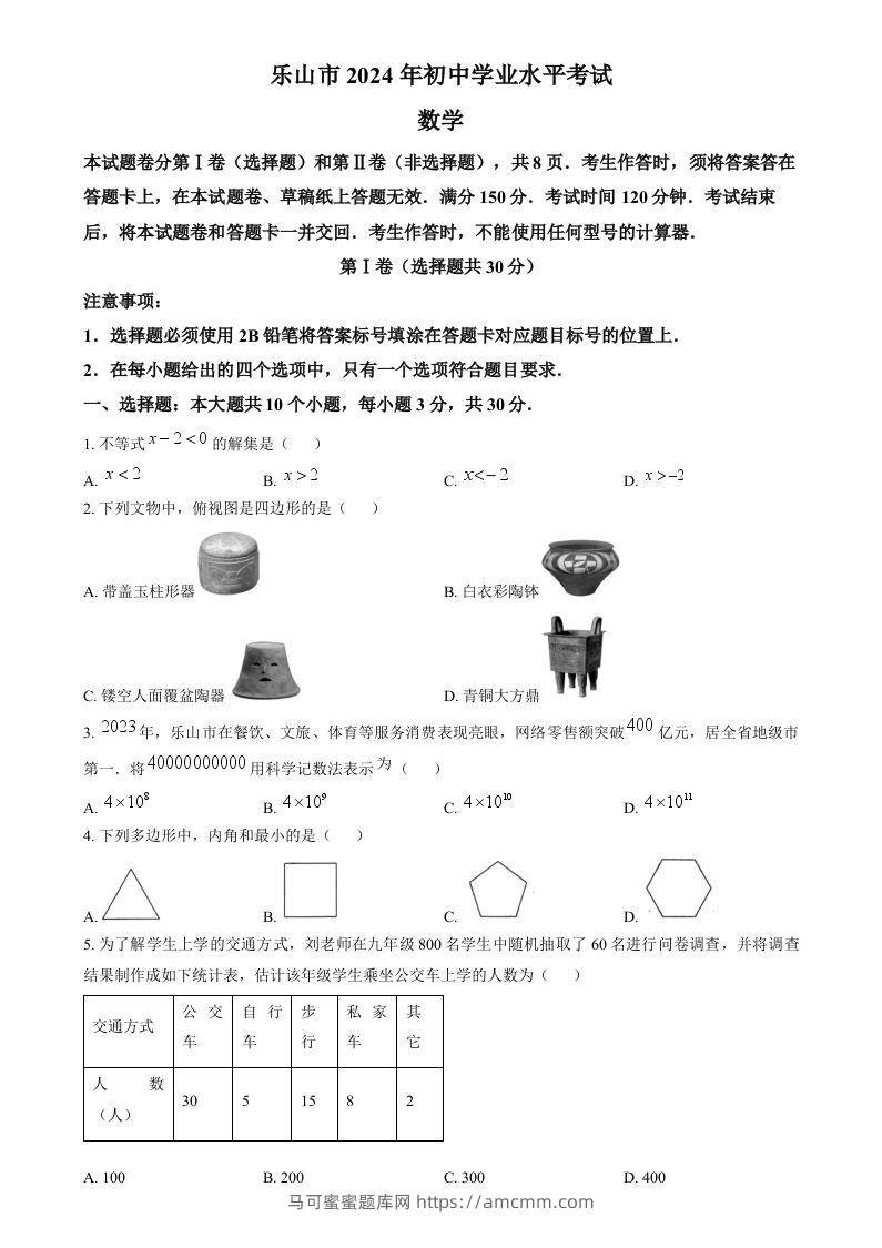 2024年四川省乐山市中考数学试题（空白卷）-马可蜜蜜题库网
