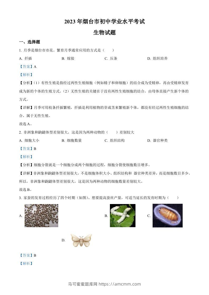 2023年山东省烟台市中考生物真题（含答案）-马可蜜蜜题库网