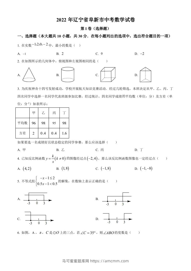 2022年辽宁省阜新市中考数学试卷（空白卷）-马可蜜蜜题库网