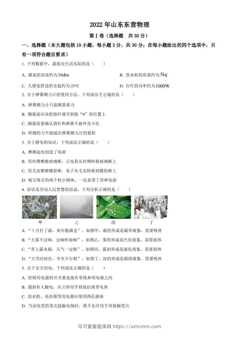2022年山东省东营市中考物理试题（空白卷）-马可蜜蜜题库网