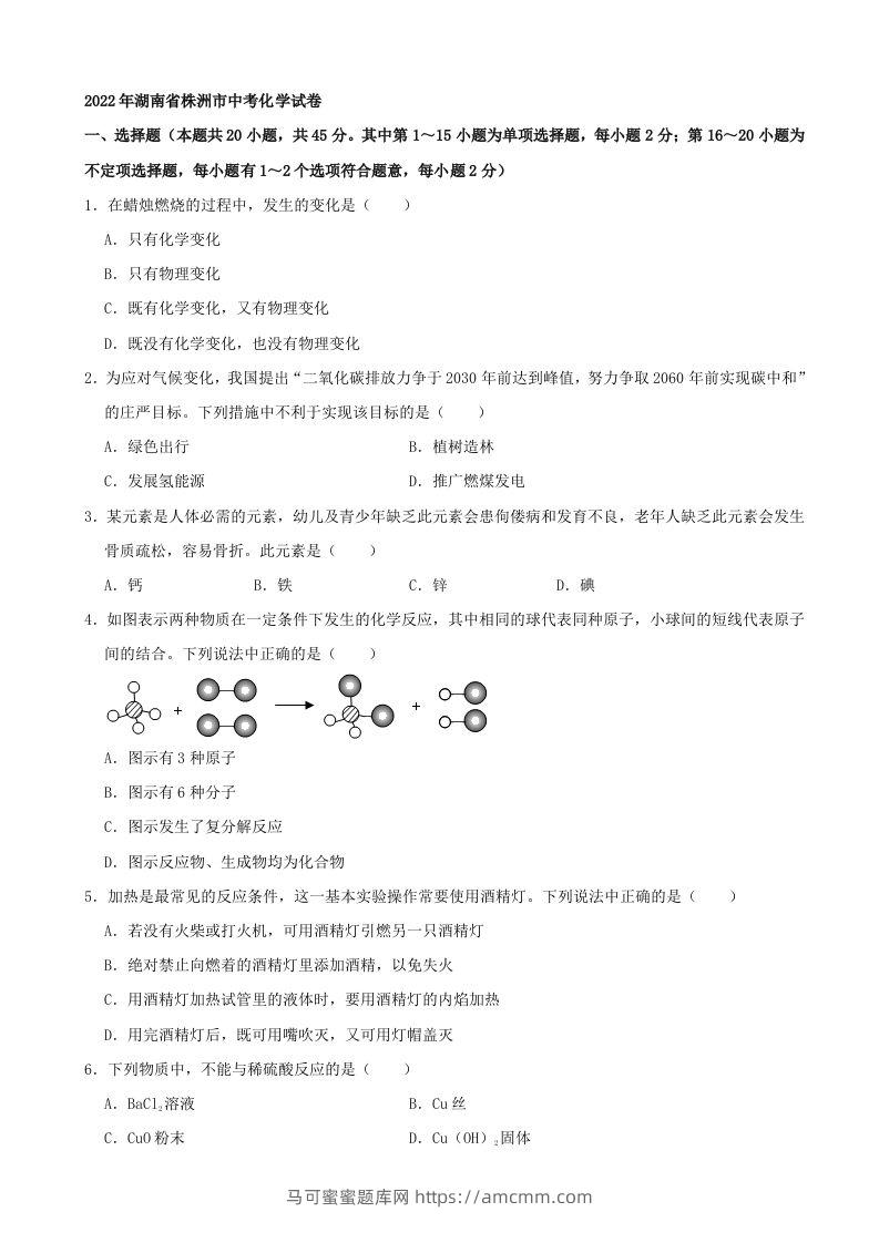 2022年湖南省株洲市中考化学真题及答案-马可蜜蜜题库网