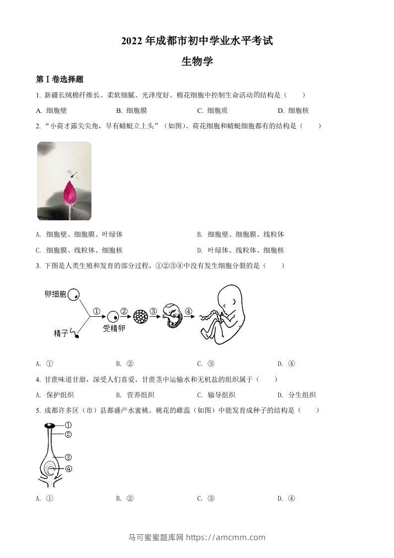 2022年四川省成都市中考生物真题（空白卷）-马可蜜蜜题库网