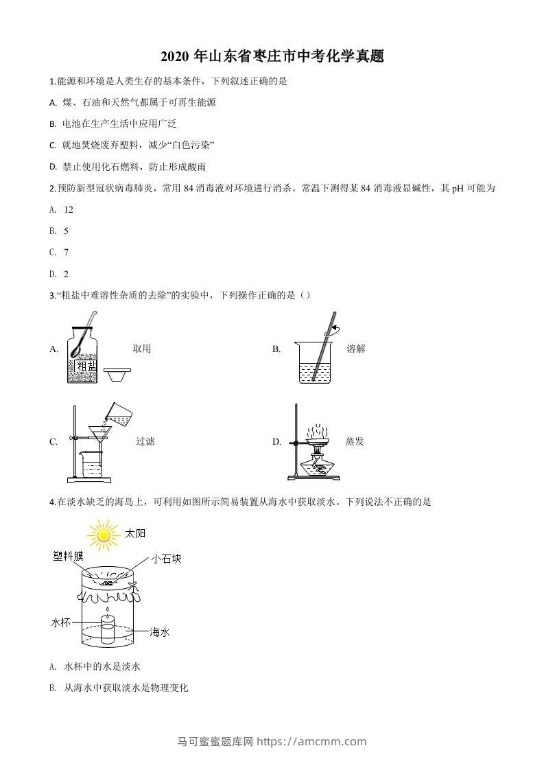 山东省枣庄市2020年中考化学试题（空白卷）-马可蜜蜜题库网