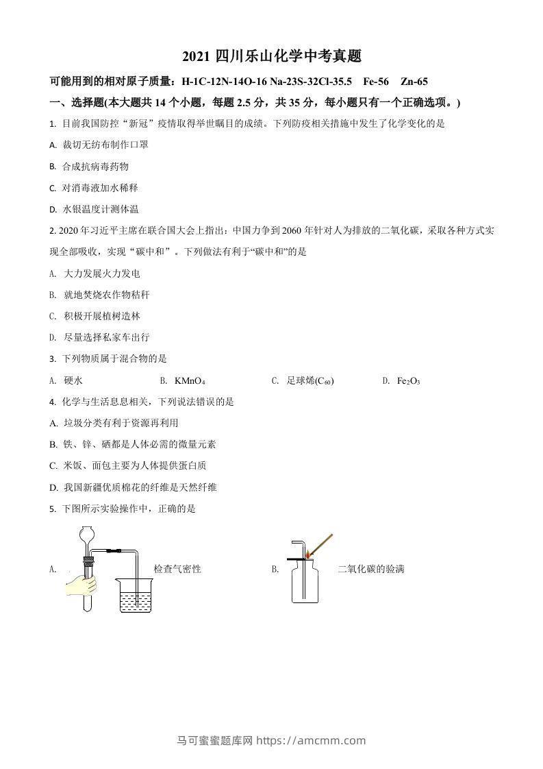 四川省乐山市2021年中考化学试题（空白卷）-马可蜜蜜题库网