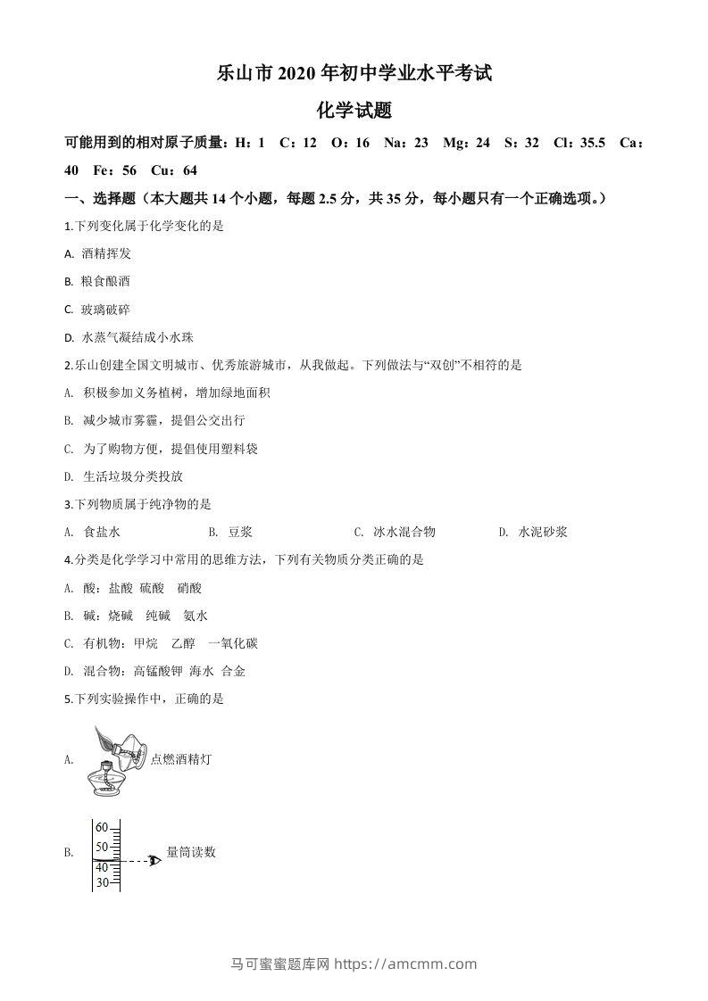 四川省乐山市2020年中考化学试题（空白卷）-马可蜜蜜题库网