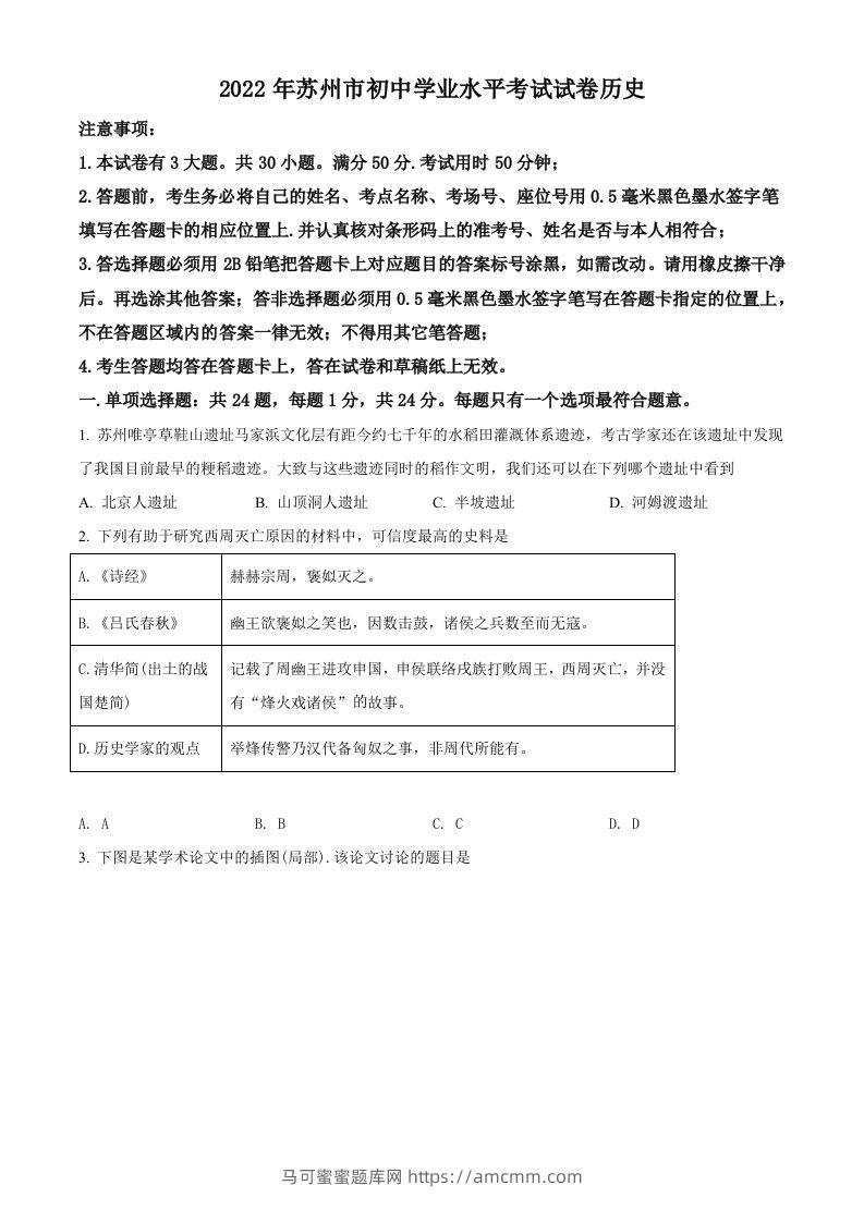 2022年江苏省苏州市中考历史真题（空白卷）-马可蜜蜜题库网