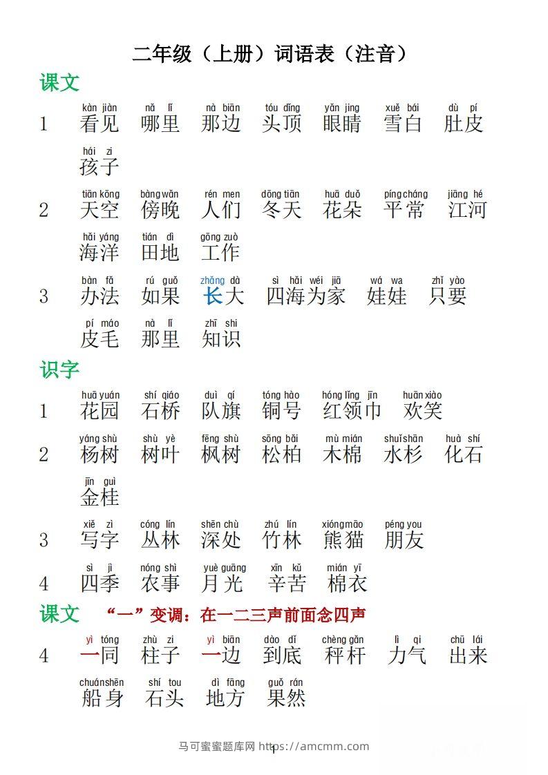 二年级语文上册词语表拼音版-马可蜜蜜题库网