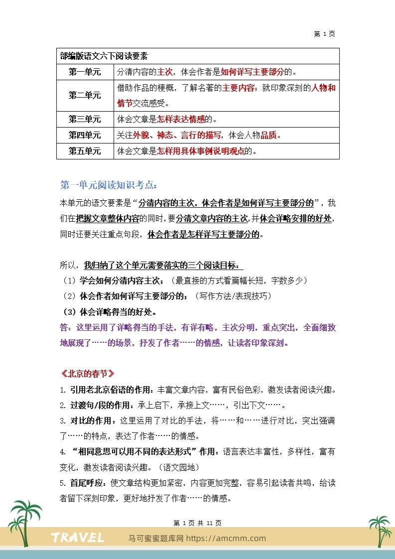 【阅读要素-阅读知识考点】六下语文-马可蜜蜜题库网