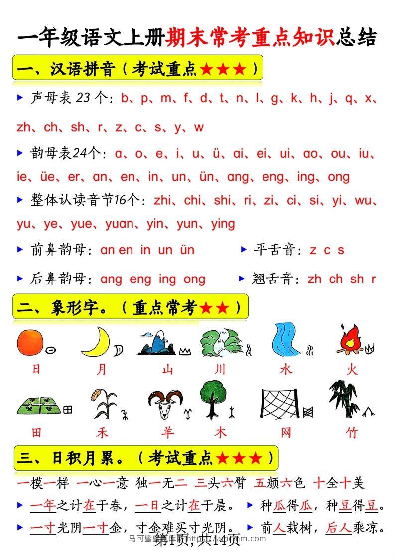 一年级语文上册期末常考重点知识总结-马可蜜蜜题库网