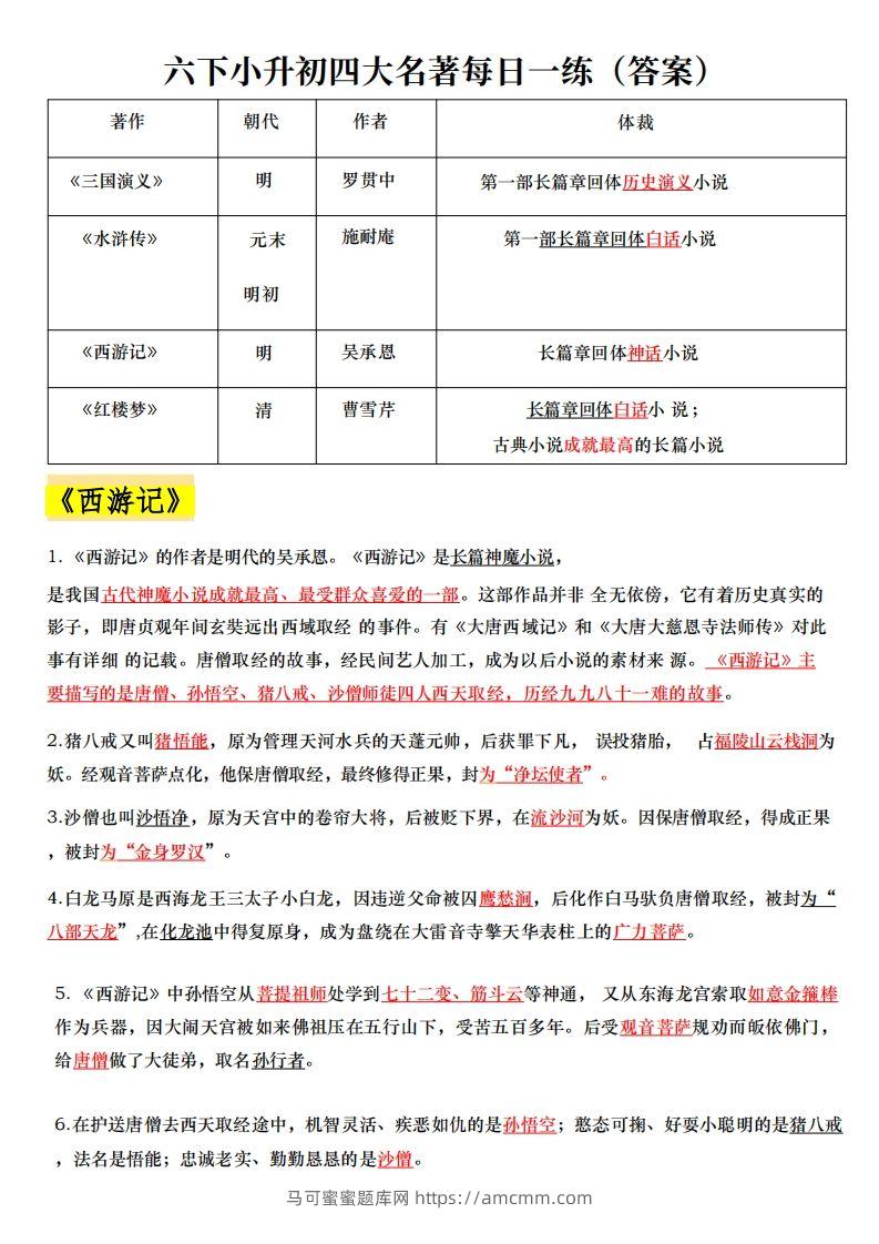 六下小升初四大名著每日一练-马可蜜蜜题库网