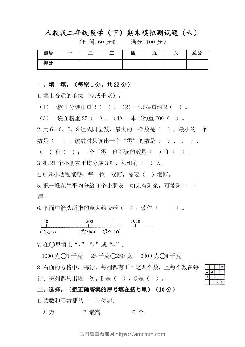 二年级数学下册试题-期末模拟测试题（六）人教版（含答案）-马可蜜蜜题库网