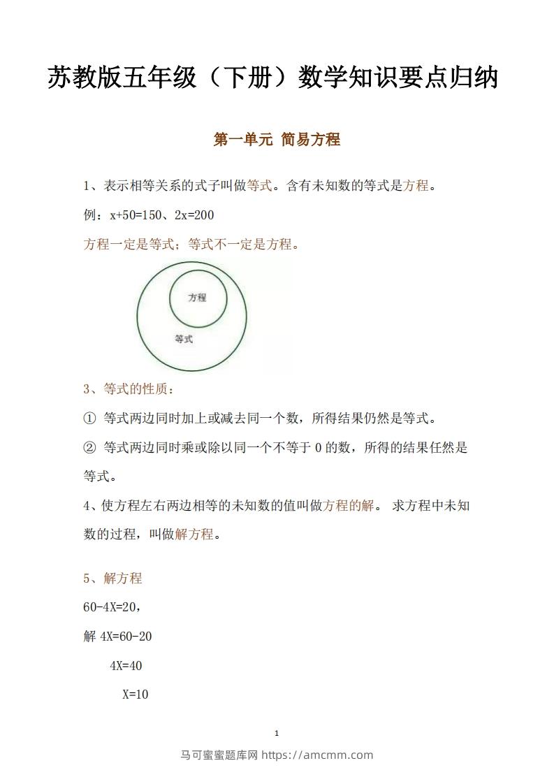 五下数学：苏教版数学知识点-马可蜜蜜题库网