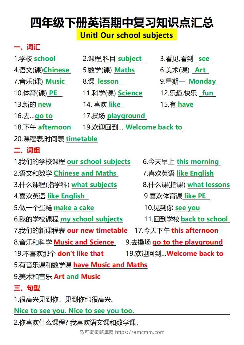 四年级下册人教PEP英语1-8单元知识点汇总-马可蜜蜜题库网