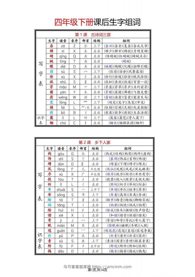 四年级下语文生字组词-马可蜜蜜题库网