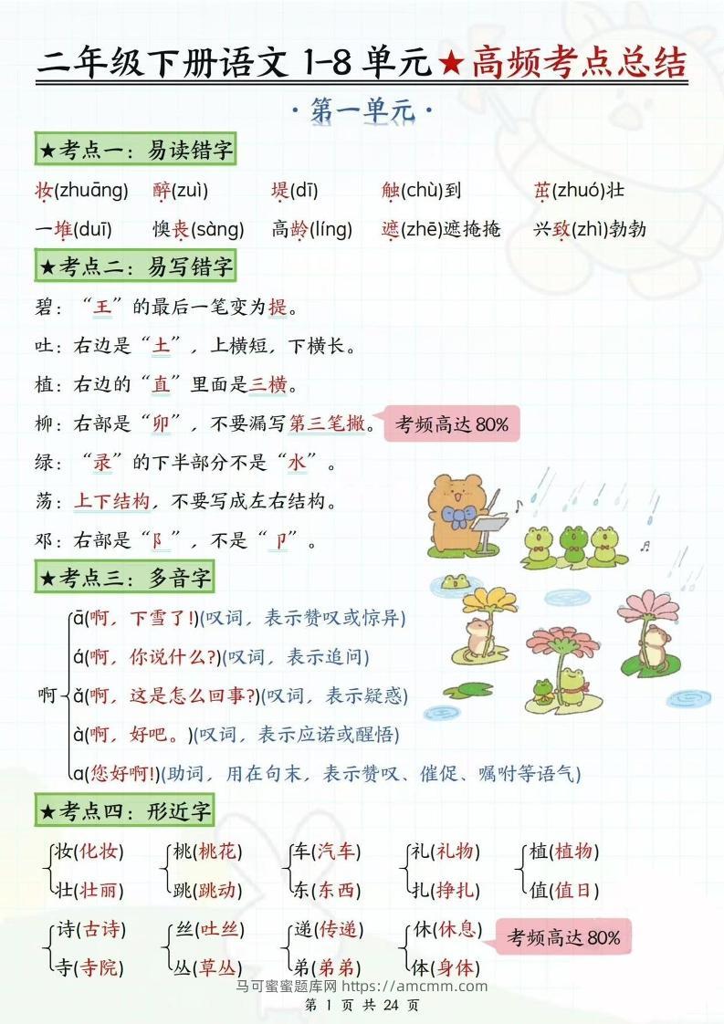 二下语文1-8单元高频考点总结（24页）-马可蜜蜜题库网