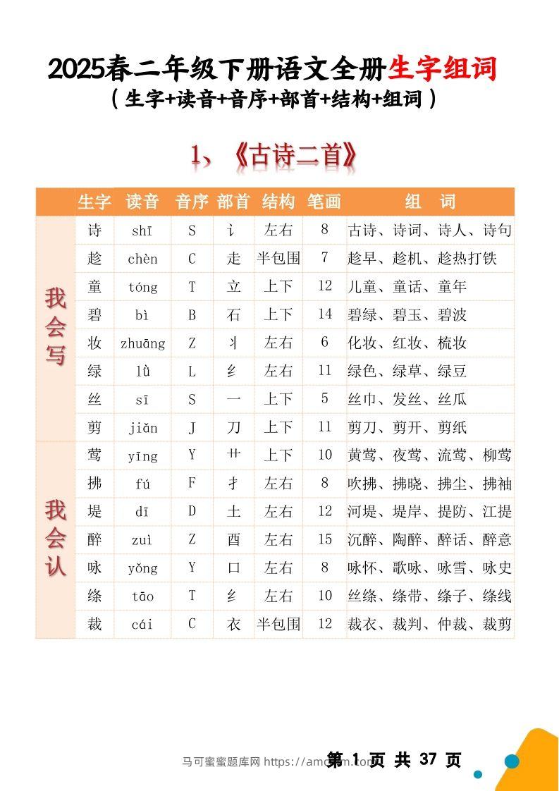 【2025春二下语文全册生字组词（生字拼音音序结构部首组词）37页一类字+二类字-马可蜜蜜题库网