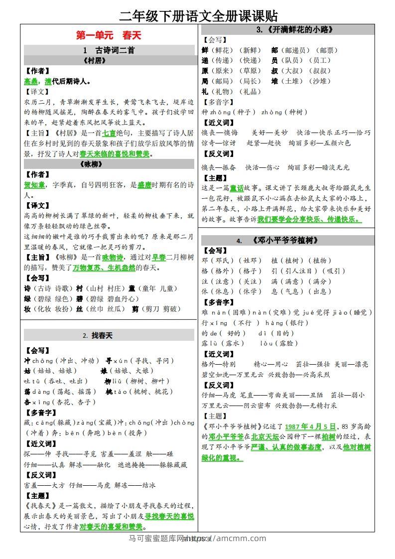 二下语文课课贴（每课重点）7页-马可蜜蜜题库网