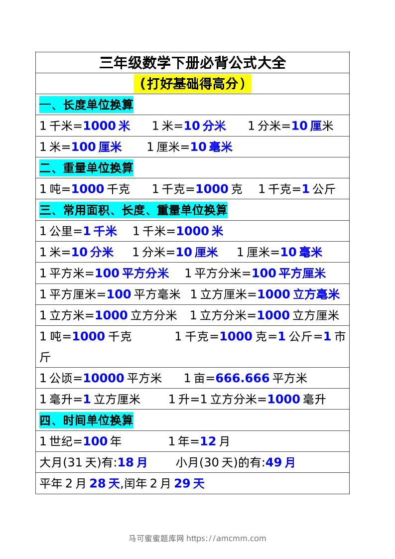 三年级数学下册必背公式大全(1)-马可蜜蜜题库网