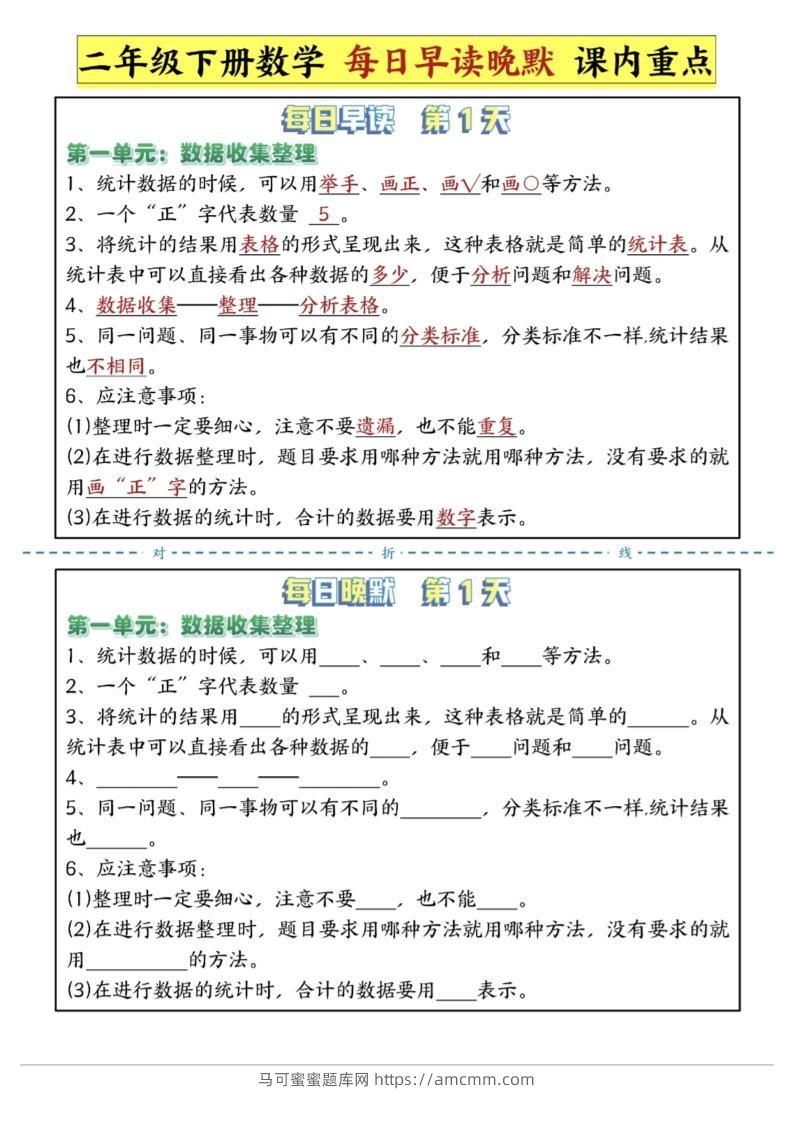 二年级下数学重点每日早读晚默（14页）-高清无水印完整版本-马可蜜蜜题库网