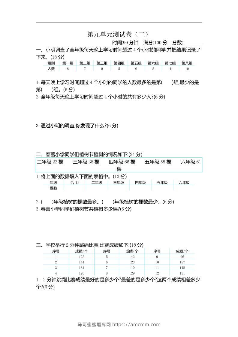 三下苏教版数学第九单元检测卷-2-马可蜜蜜题库网