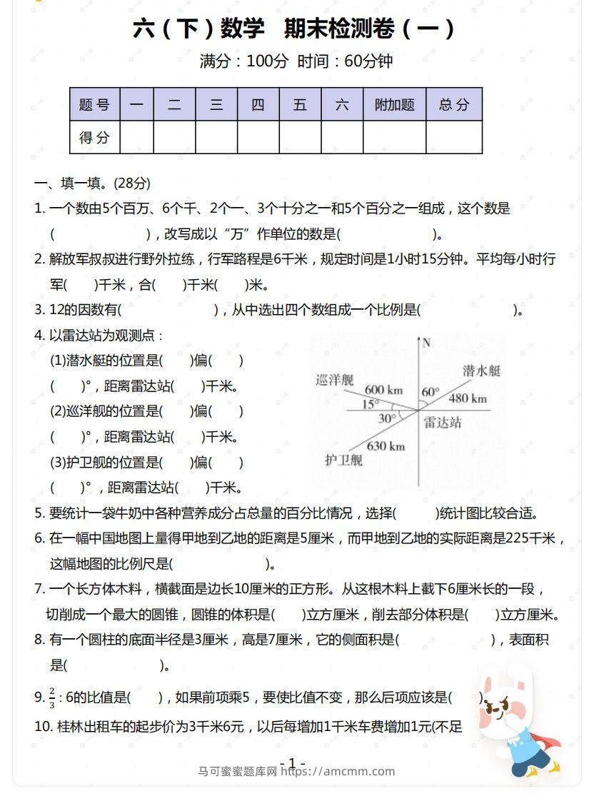 苏教版-六年级下册数学期末检测卷（一）-马可蜜蜜题库网