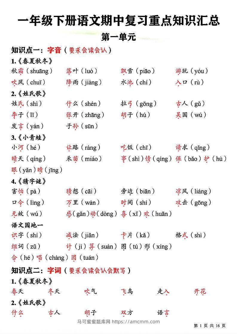 新一下语文期中复习必背重点知识点汇总16页-马可蜜蜜题库网