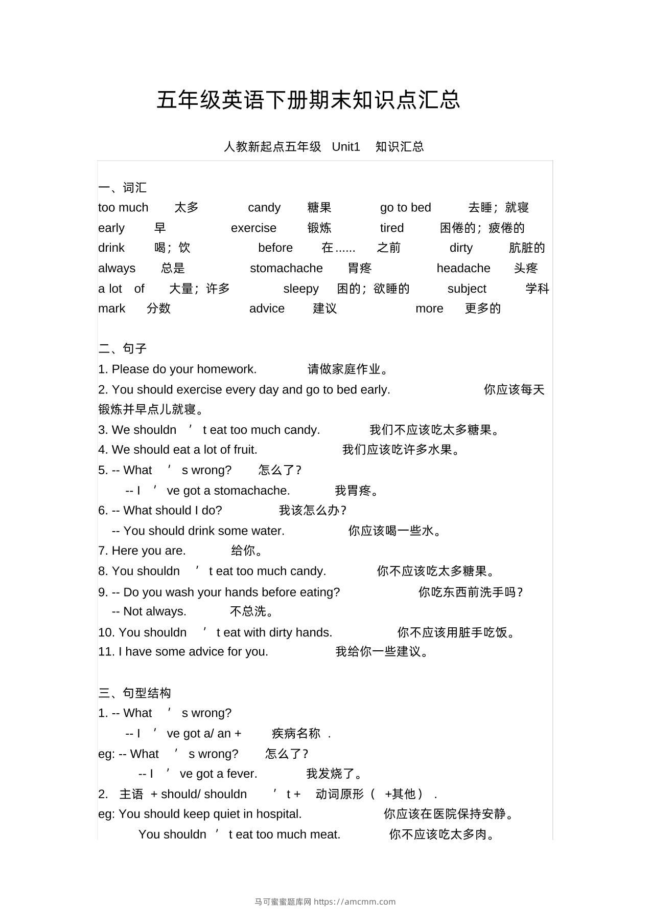 五年级英语下册期末知识清单汇总(人教新起点)-马可蜜蜜题库网