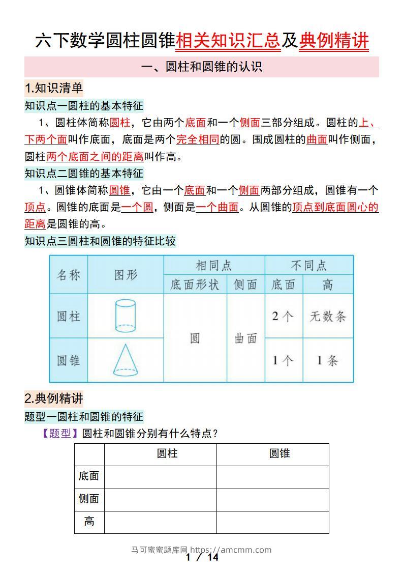六下数学圆柱圆锥相关知识汇总及典例精讲-马可蜜蜜题库网