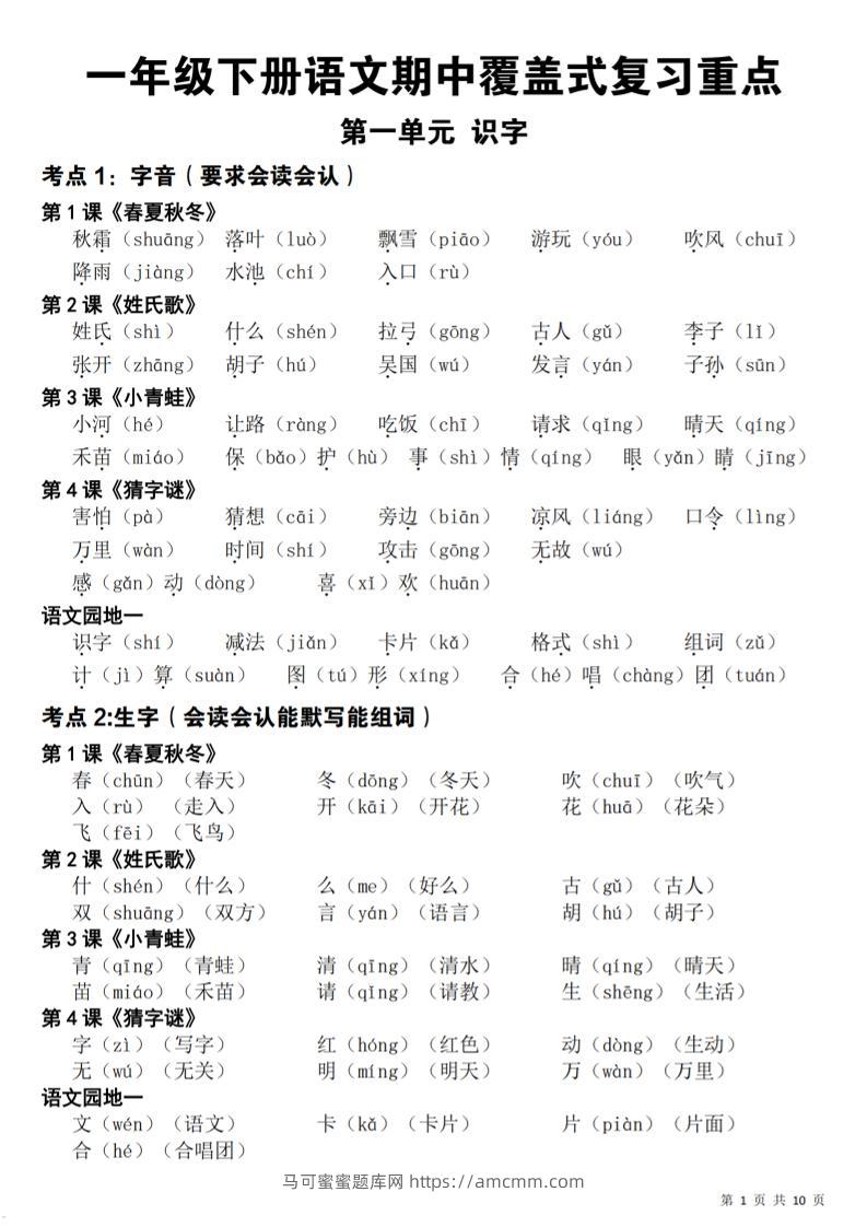 新一下语文期中覆盖式复习重点(10页)-马可蜜蜜题库网