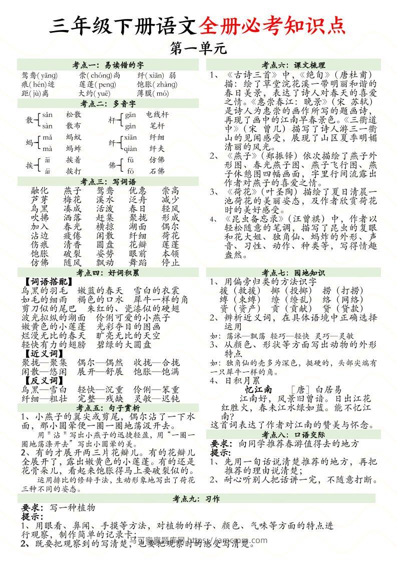 三下语文全册1-8单元必考知识点汇总（8页）-马可蜜蜜题库网