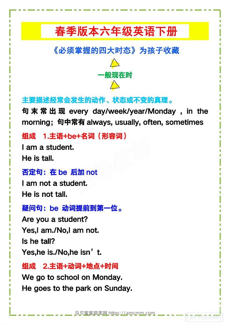 六年级下英语《必须掌握的四大时态》-马可蜜蜜题库网
